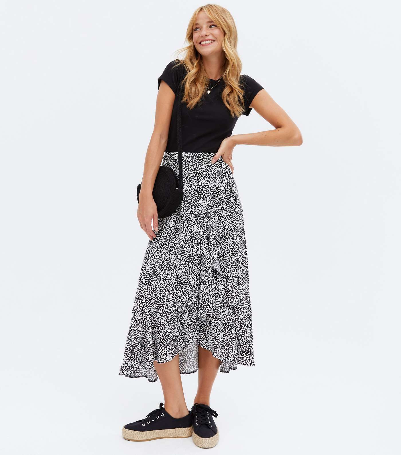 Black Animal Print Ruffle Midi Wrap Skirt