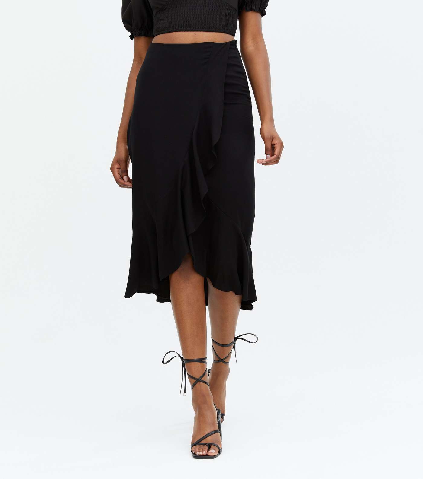 Black Ruffle Wrap Midi Skirt Image 2
