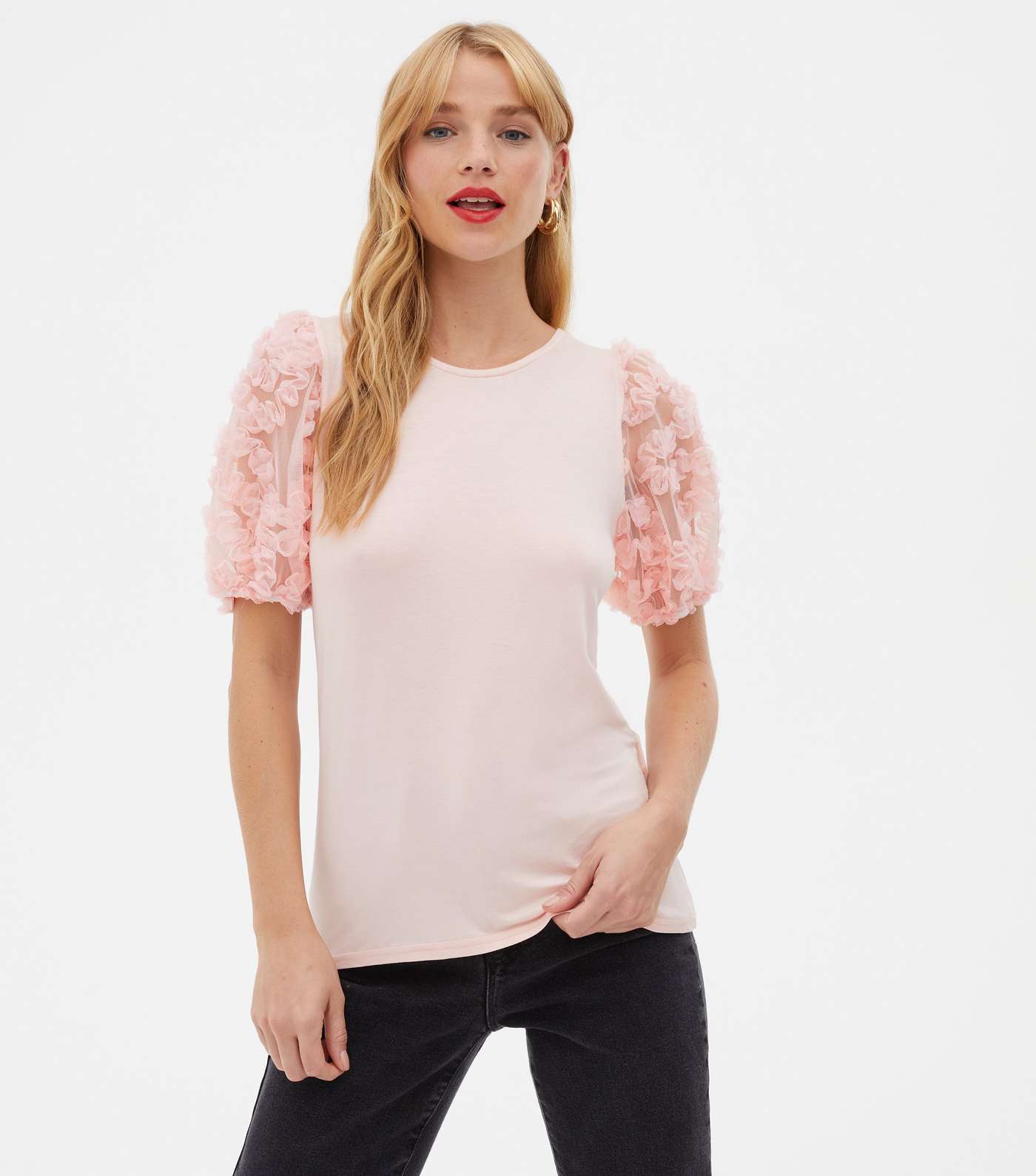 Pale Pink Squiggle Mesh Puff Sleeve Top