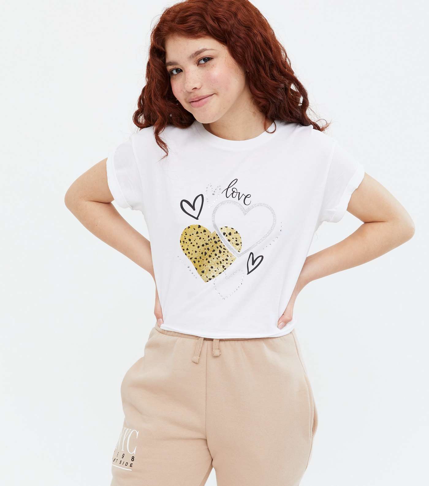 Girls White Heart Glitter Leopard Print Love Logo T-Shirt