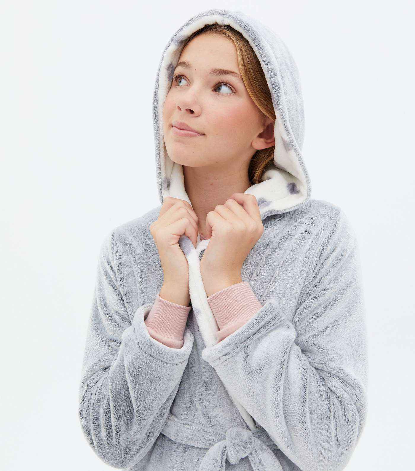 Girls Pale Grey Heart Hooded Dressing Gown Image 3