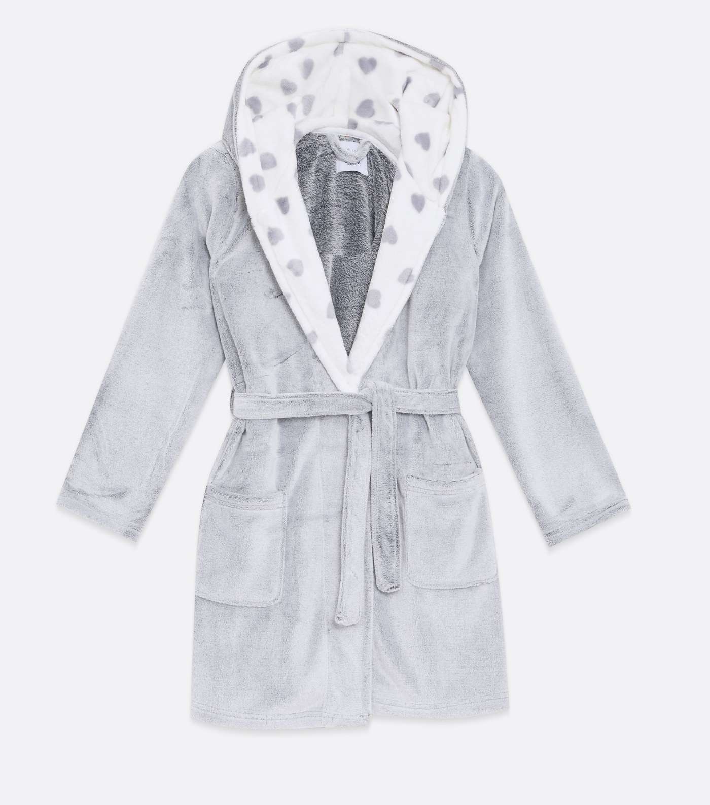 Girls Pale Grey Heart Hooded Dressing Gown Image 5