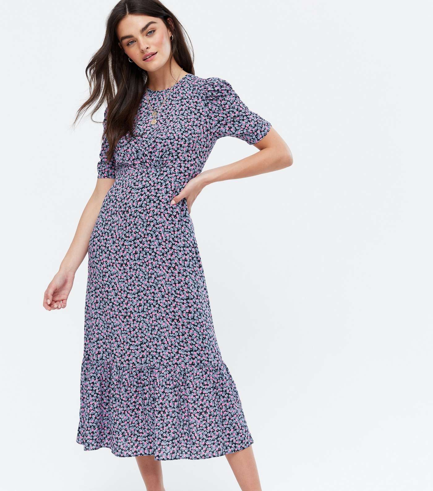 Blue Ditsy Floral Ruched Sleeve Tiered Midi Dress Image 2