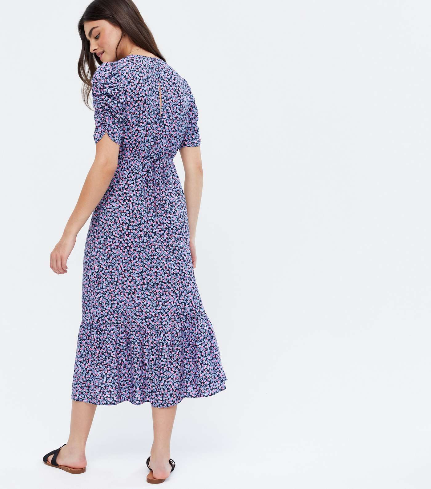 Blue Ditsy Floral Ruched Sleeve Tiered Midi Dress Image 4