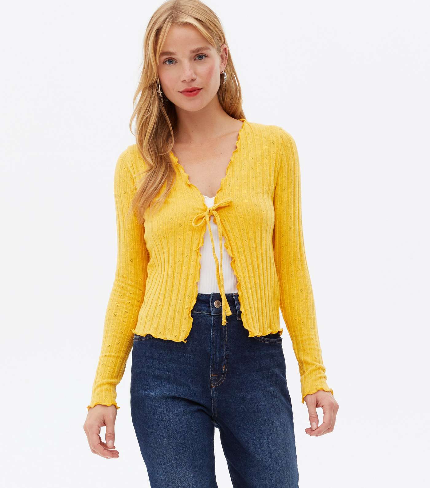 Yellow Ribbed Fine Knit Frill Tie Front Cardigan
