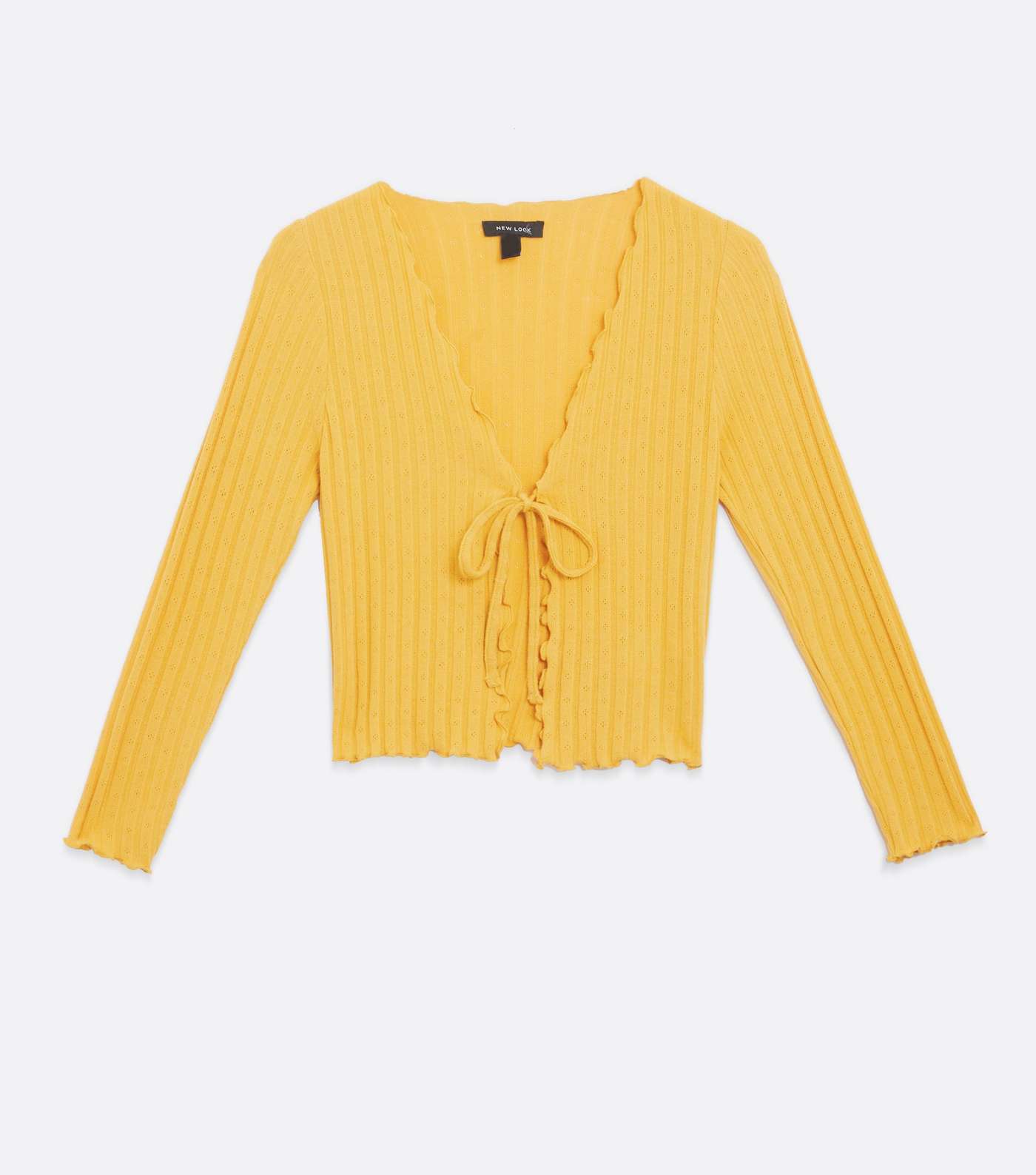 Yellow Ribbed Fine Knit Frill Tie Front Cardigan Image 5