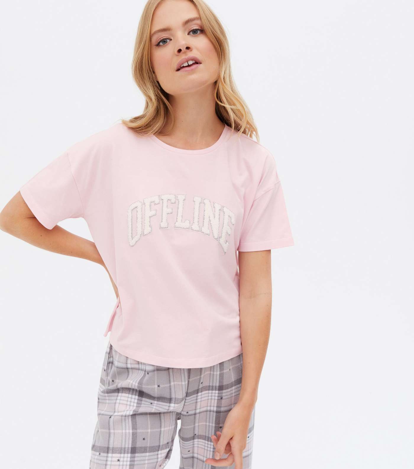 Pink Check Offline Logo T-Shirt and Trouser Pyjama Set