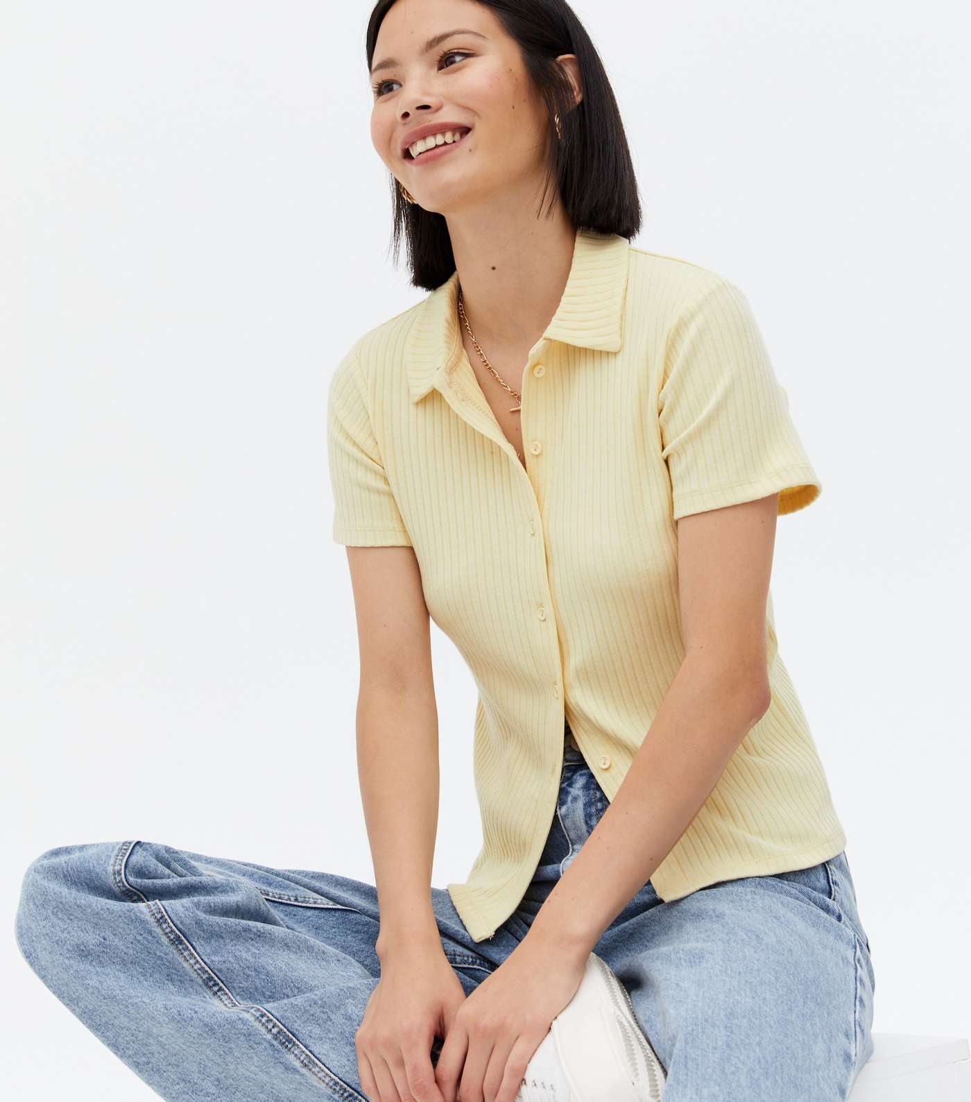 Pale Yellow Fine Knit Button Collared Polo Top