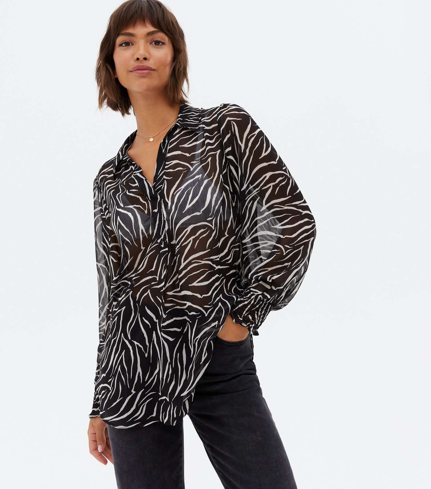 Black Zebra Print Shirred Cuff Shirt