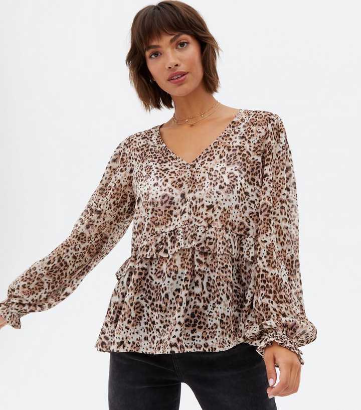 Leopard Round Neck Tiered Blouse