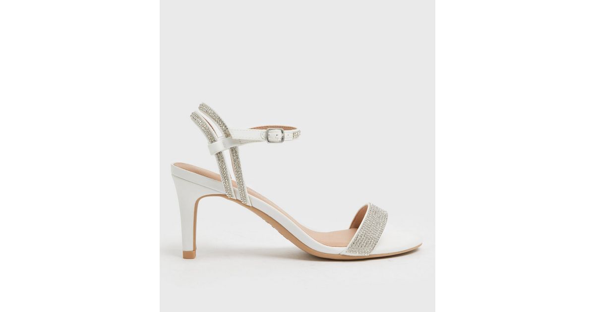 White Bridal Satin Diamanté Strap Stiletto Heel Sandals | New Look