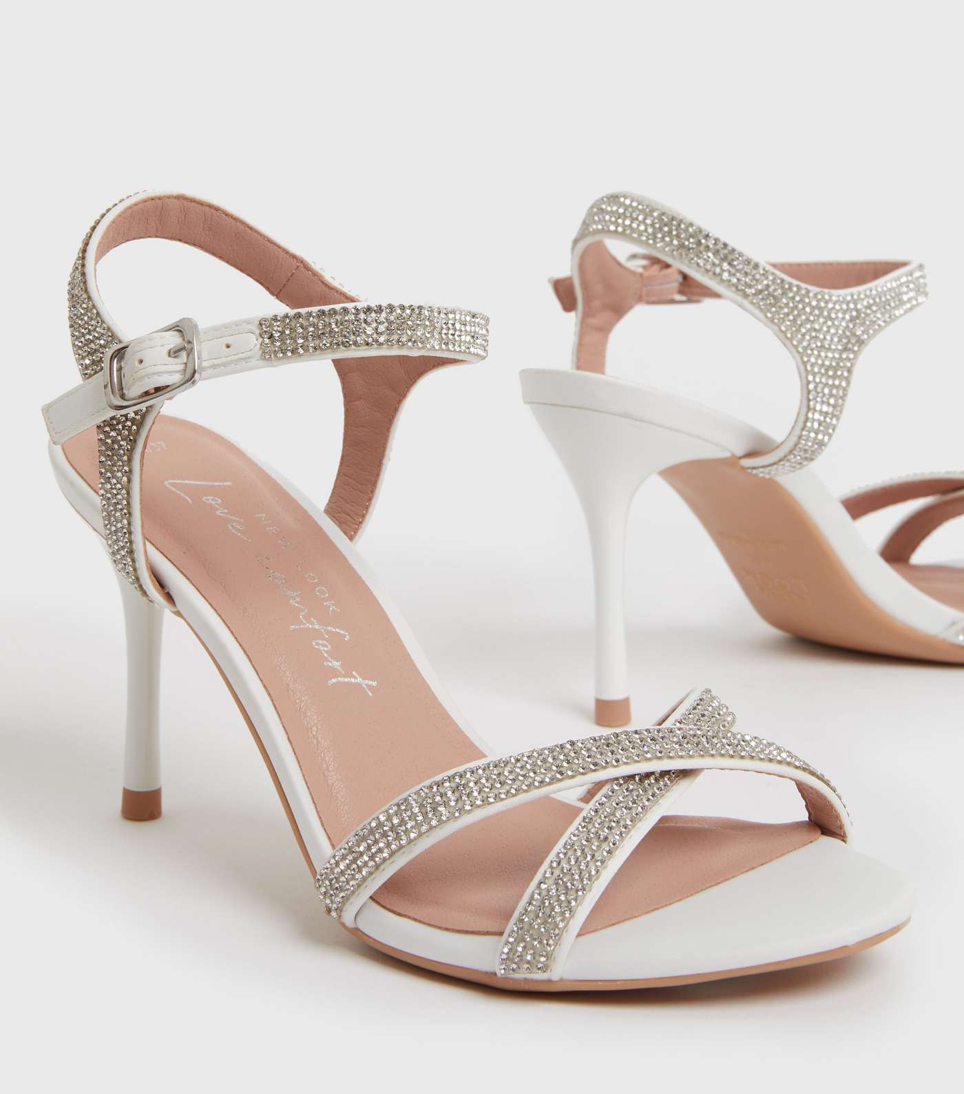 White Bridal Satin Diamanté Stiletto Heel Sandals Image 3