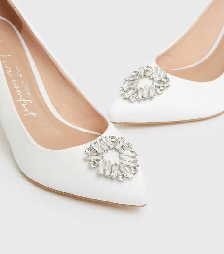 Wide Fit White Bridal Satin Gem Stiletto Heel Court Shoes | New Look