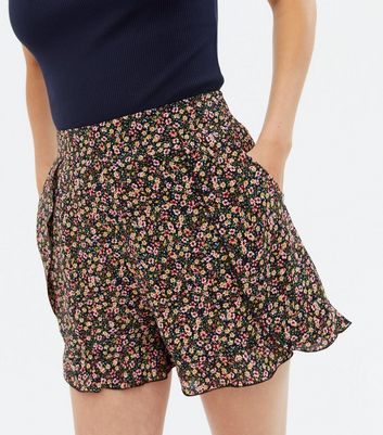 Black Ditsy Floral Ruffle Shorts 
