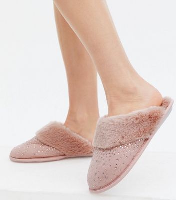 shop for Pink Diamanté Faux Fur Mule Slippers New Look Vegan at Shopo