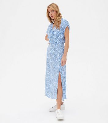 manhattan moment blue ruffled midi wrap dress