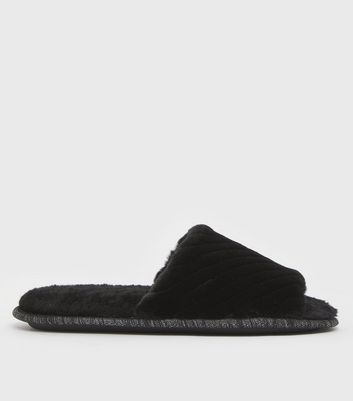 black faux fur slider slippers