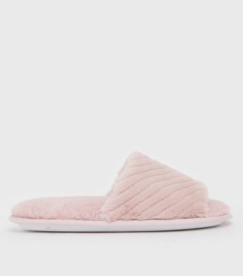 Click to view product details and reviews for Pink Chevron Faux Fur Slider Slippers New Look Vegan.