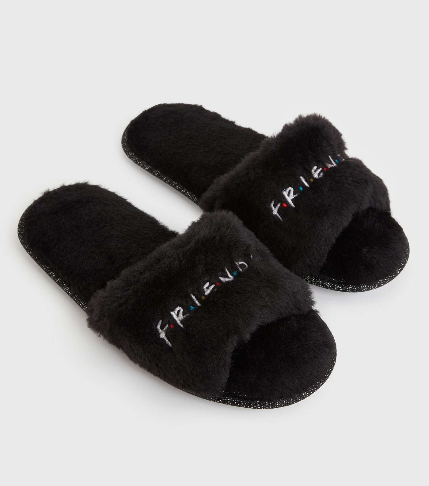 Black Faux Fur Friends Logo Slider Slippers
