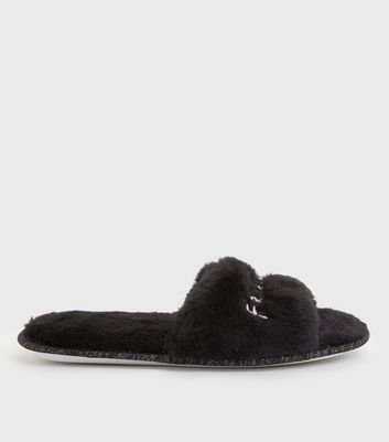 shop for Black Faux Fur Friends Logo Slider Slippers New Look Vegan at Shopo