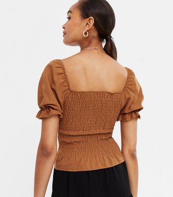 Missfiga Rust Shirred Button Front Puff Sleeve Top New Look