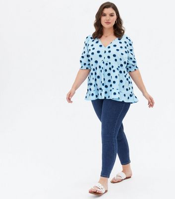 Curves Blue Spot Crepe Peplum Blouse New Look