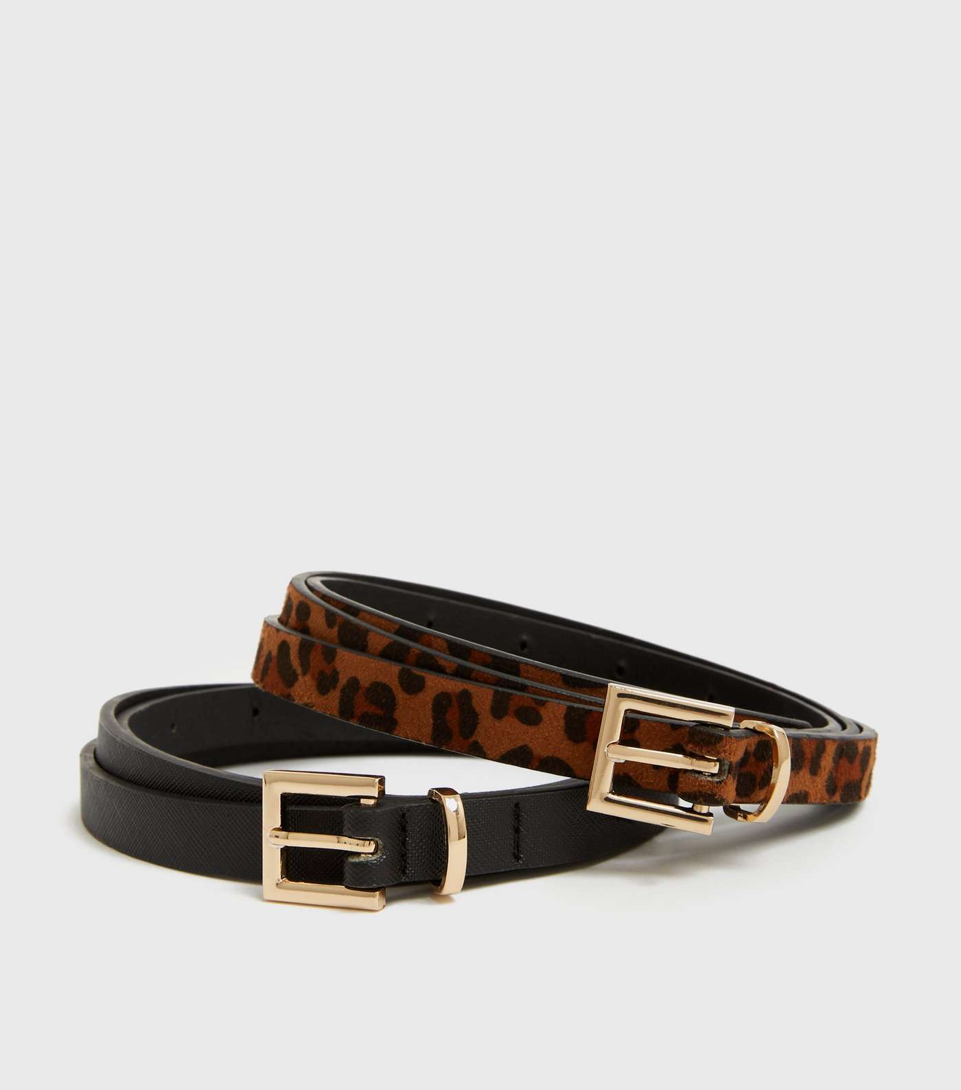 2 Pack Black and Leopard Print Skinny Belts