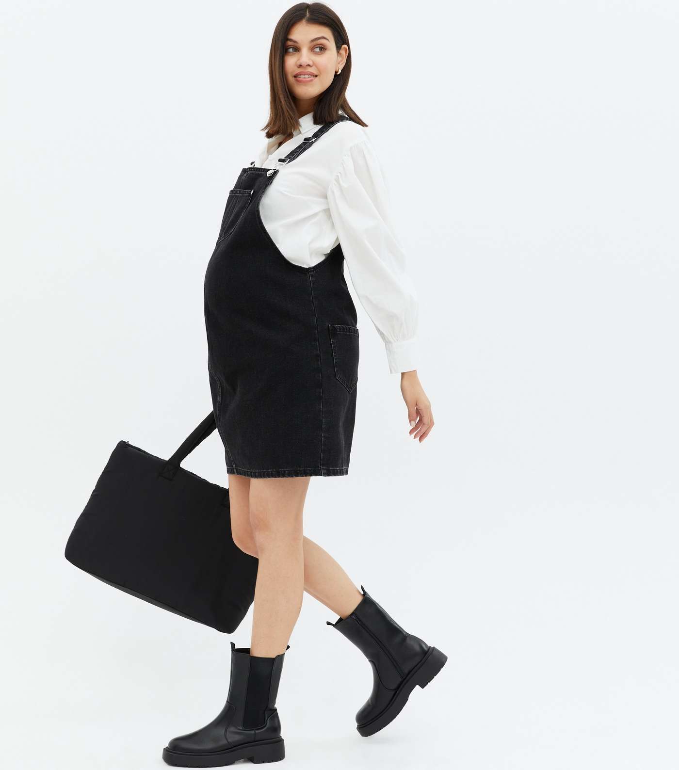 Maternity Black Denim Mini Pinafore Dress Image 2