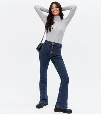 Click to view product details and reviews for Blue Patch Pocket Button High Waist Flared Brooke Jeans New Look.