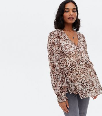 New Look Women's Plus Size Maternity Brown Leopard Print Chiffon Tiered Blouse Curves - UK 18