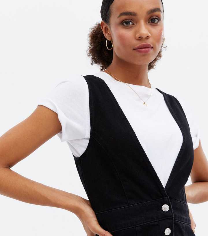 Black Denim Button Pinafore Dress | New Look