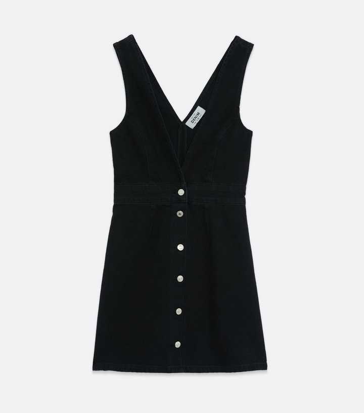 Black Denim Button Pinafore Dress | New Look