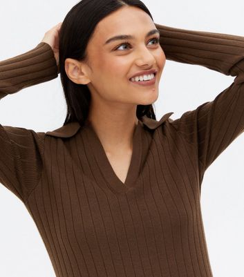 Brown Ribbed Knit Long Sleeve Polo Top | New Look