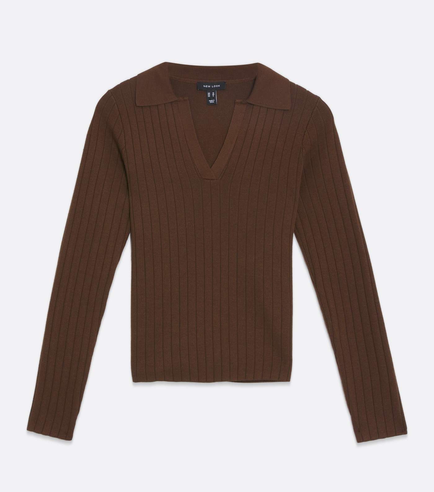 Brown Ribbed Knit Long Sleeve Polo Top Image 5