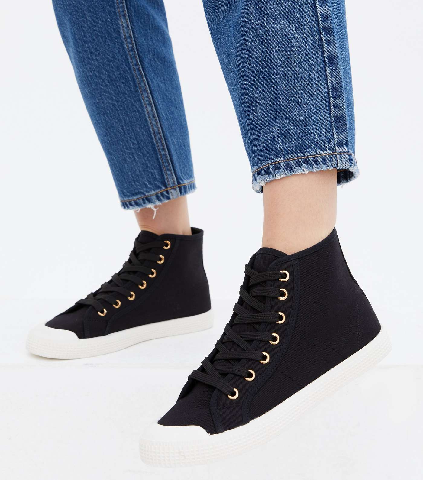 Black Canvas Lace Up High Top Trainers Image 2