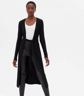 Tall Black Ribbed Long Belted Cardigan 