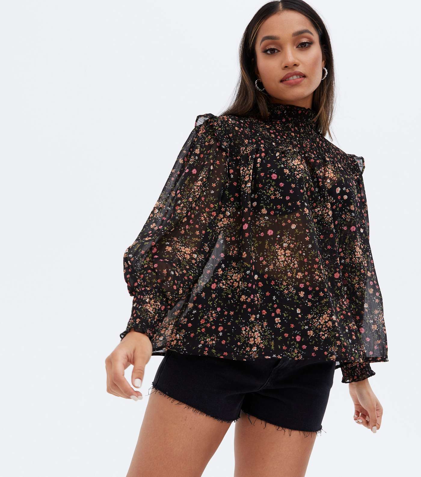 Petite Black Ditsy Floral Chiffon High Neck Puff Sleeve Blouse