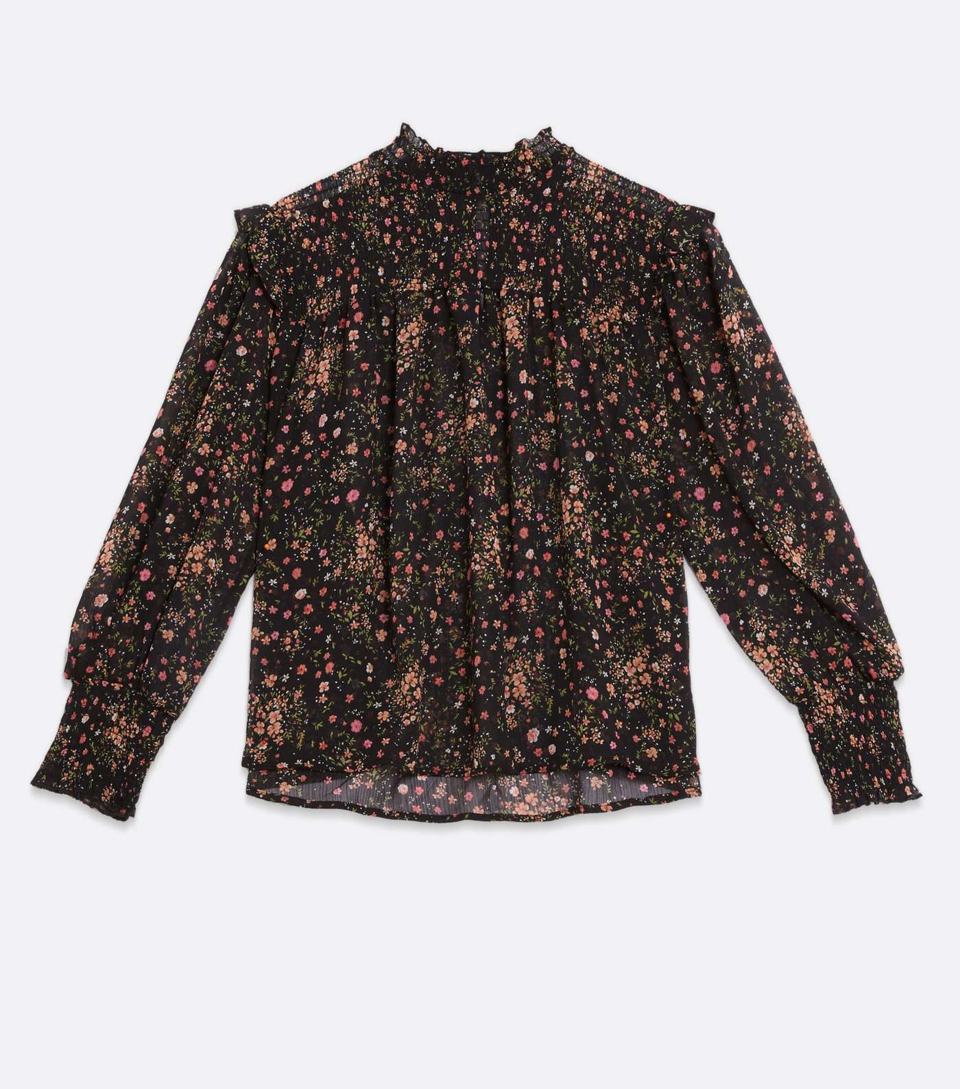 Petite Black Ditsy Floral Chiffon High Neck Puff Sleeve Blouse Image 5