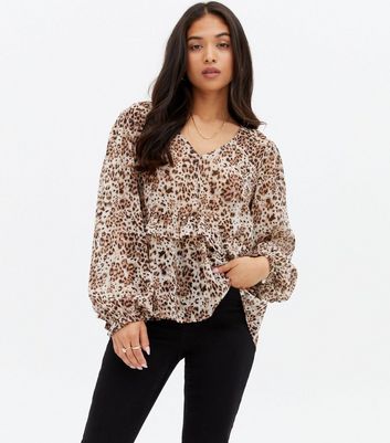 Petite Brown Leopard Print Tiered Blouse New Look