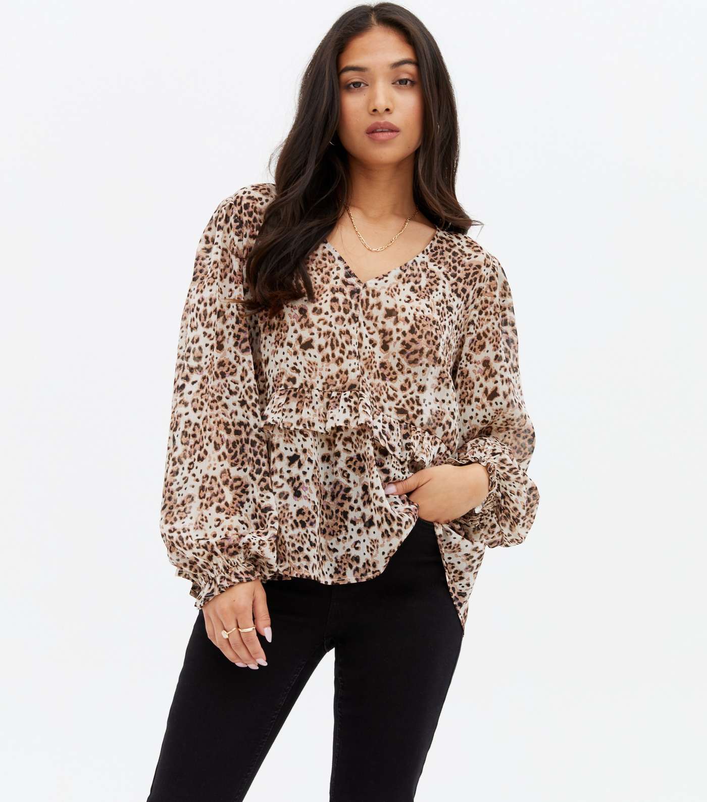 Petite Brown Leopard Print Tiered Blouse