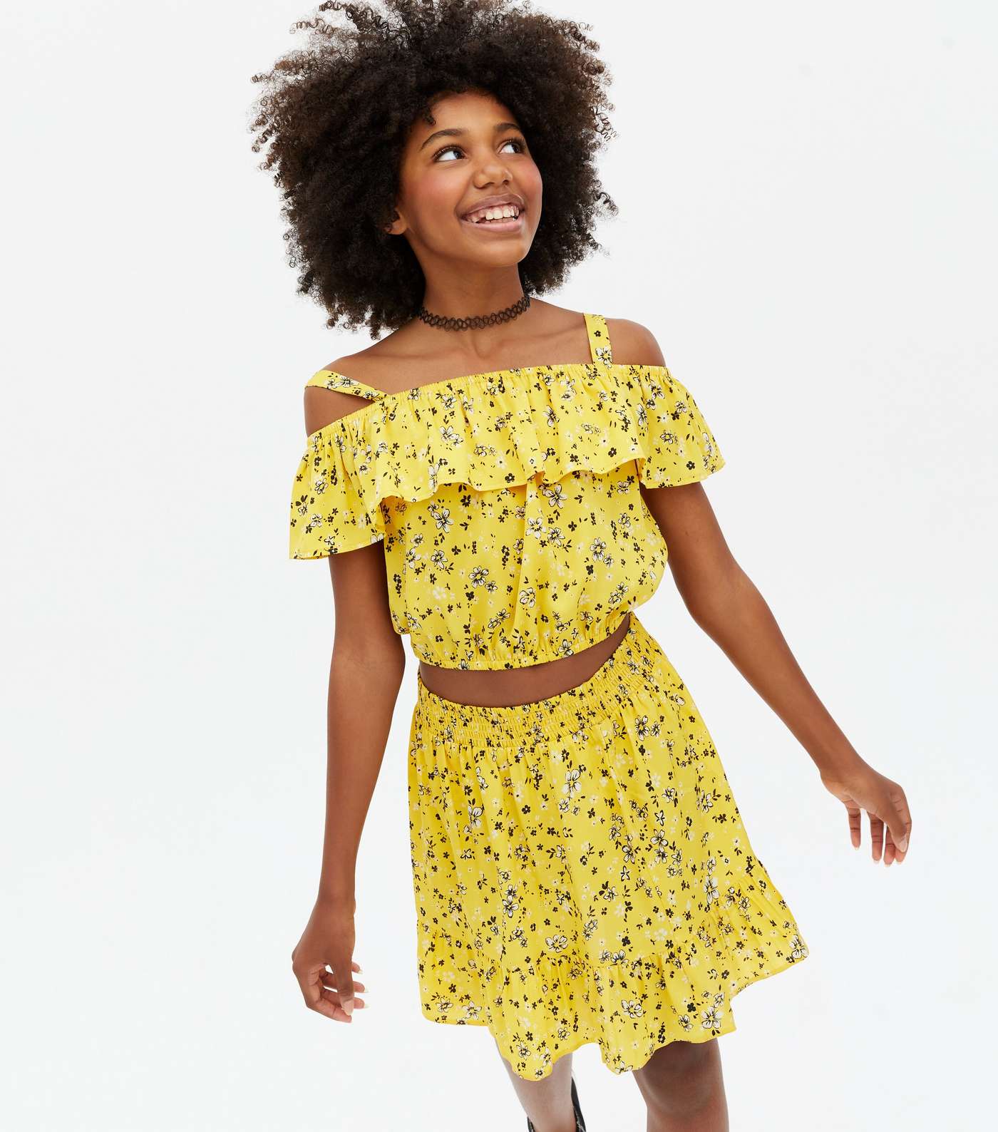Girls Yellow Ditsy Floral Top and Skirt Set