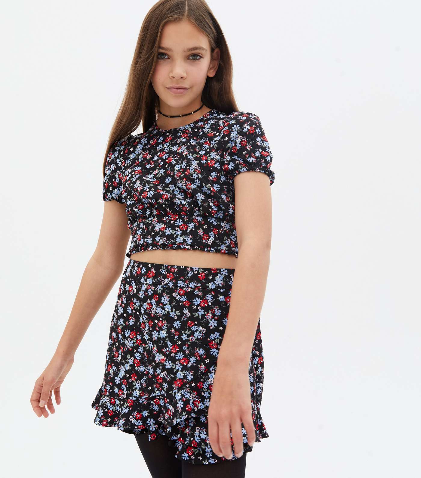 Girls Black Ditsy Floral Puff Sleeve Top Image 2