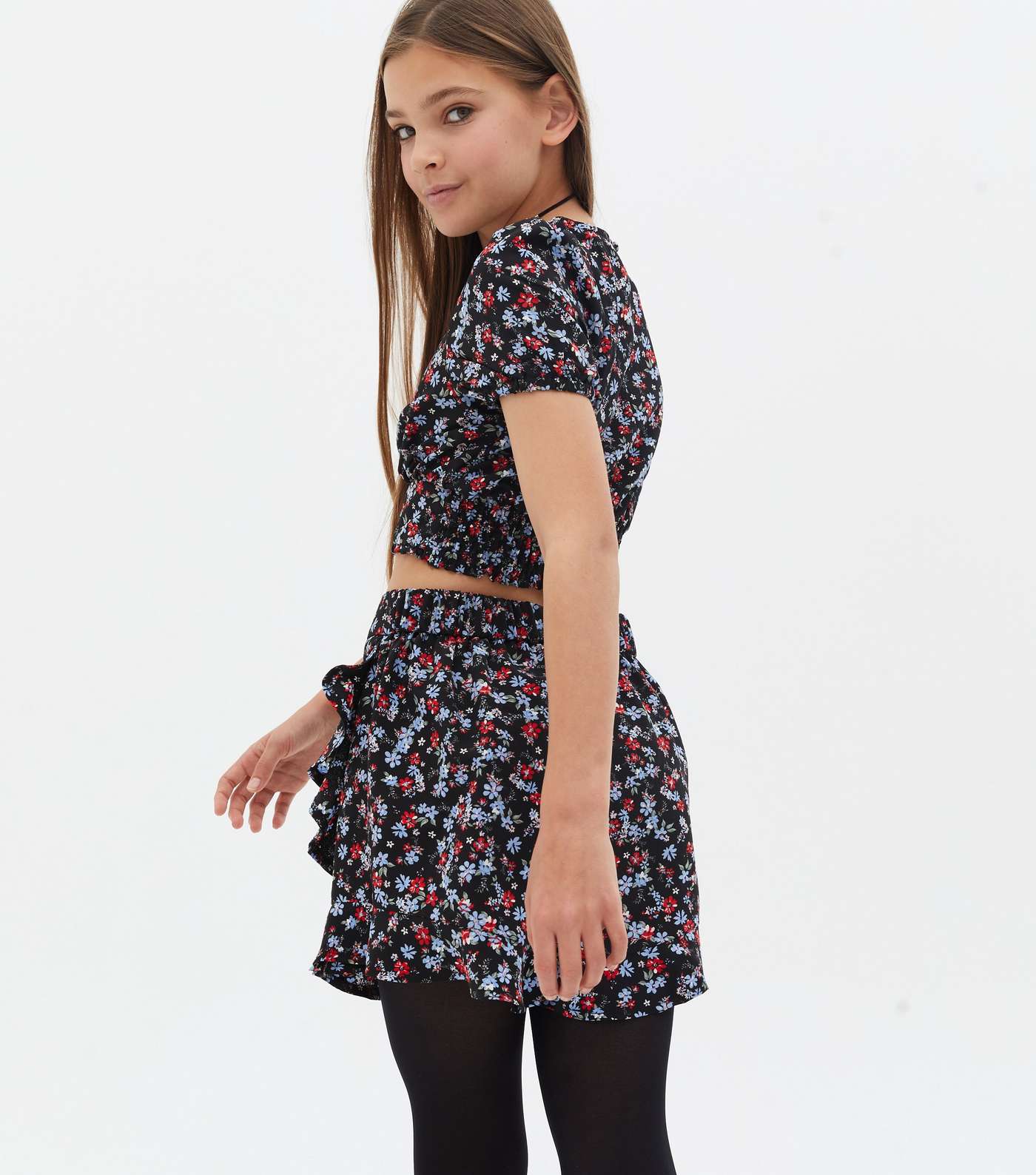 Girls Black Ditsy Floral Puff Sleeve Top Image 4
