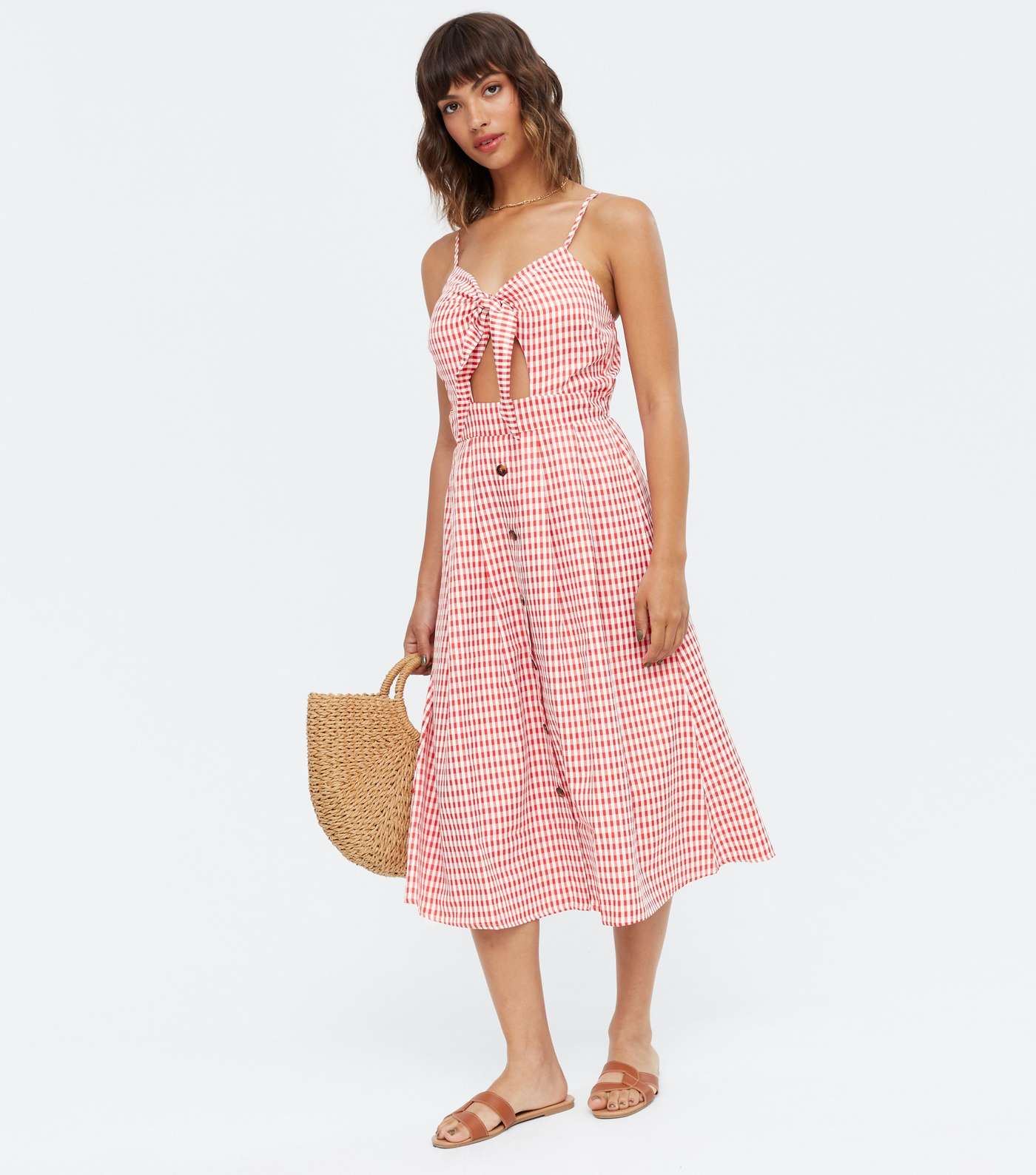 Cameo Rose Red Gingham Cut Out Tie Front Midi Dress