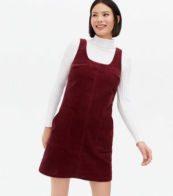 Burgundy Cord Pinafore Dress New Look