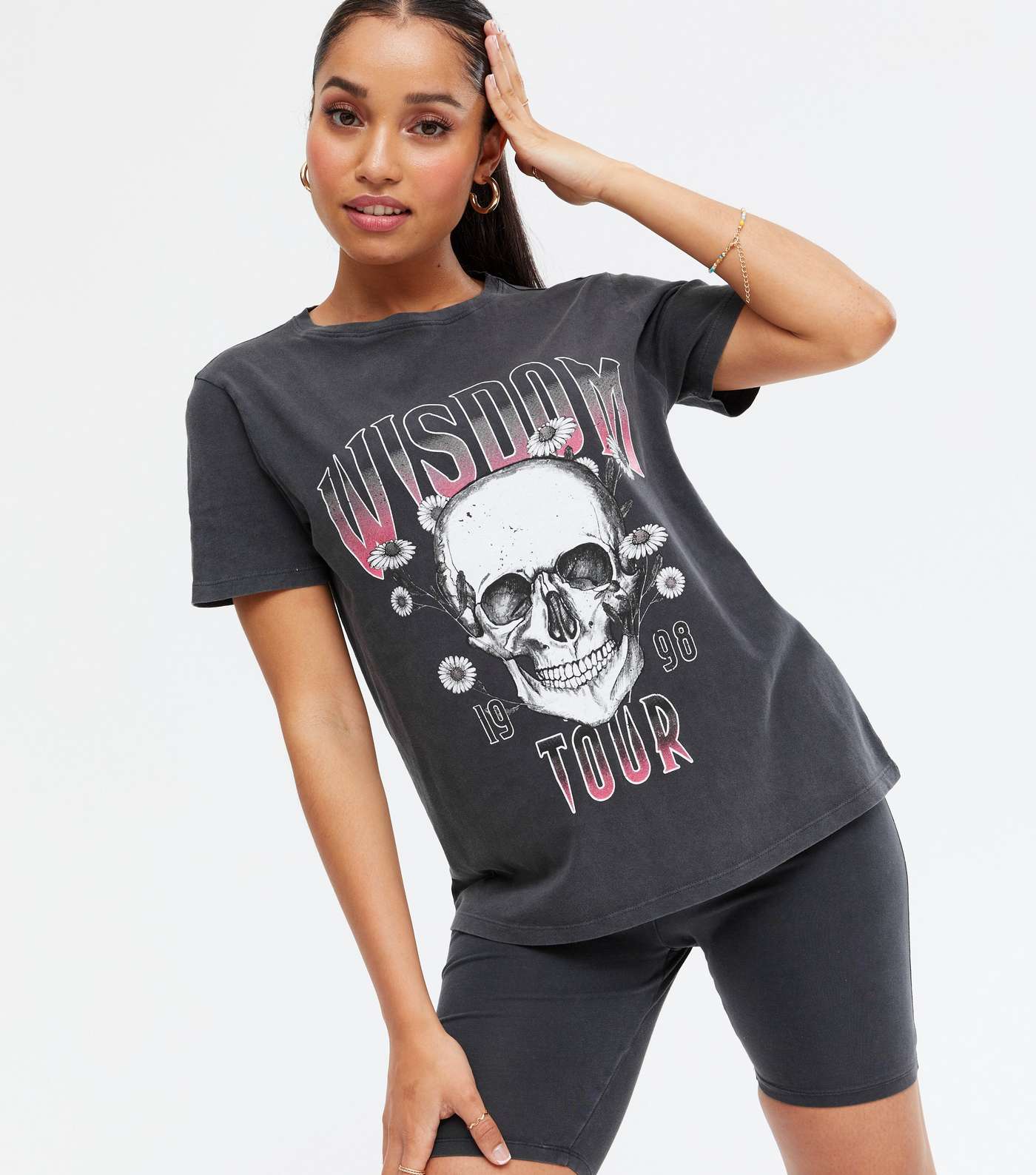 Petite Dark Grey Acid Wash Wisdom Skull Logo T-Shirt