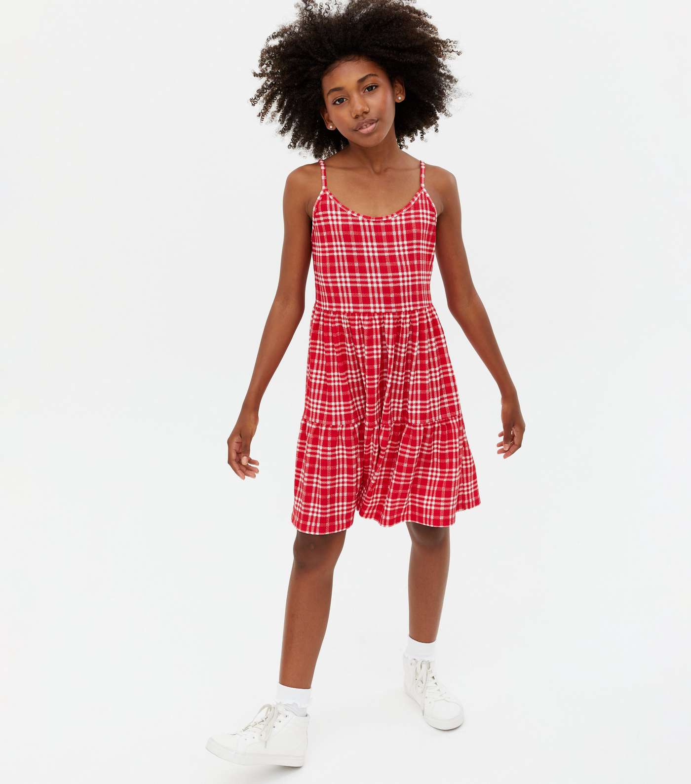 Girls Red Check Textured Tiered Mini Dress Image 2