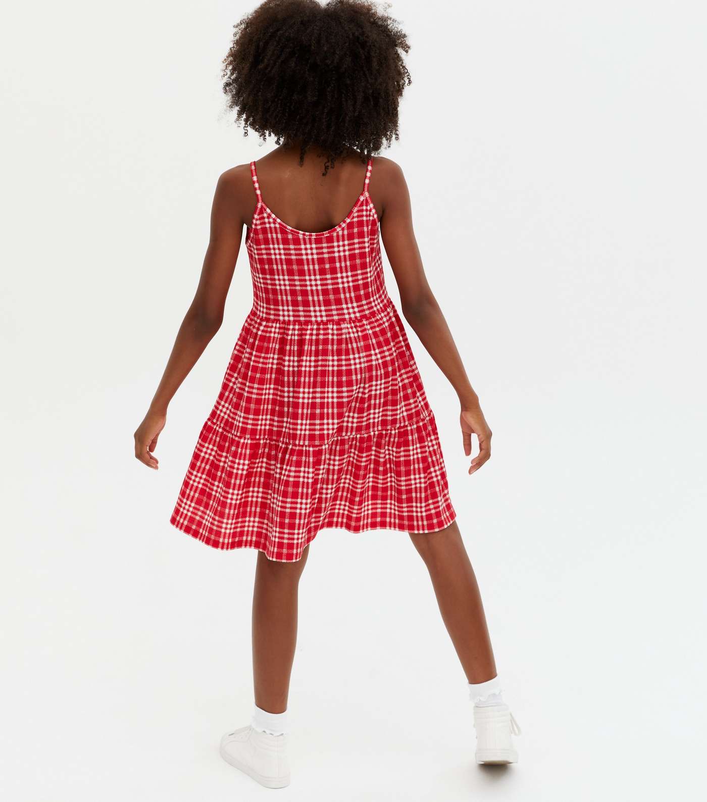 Girls Red Check Textured Tiered Mini Dress Image 4