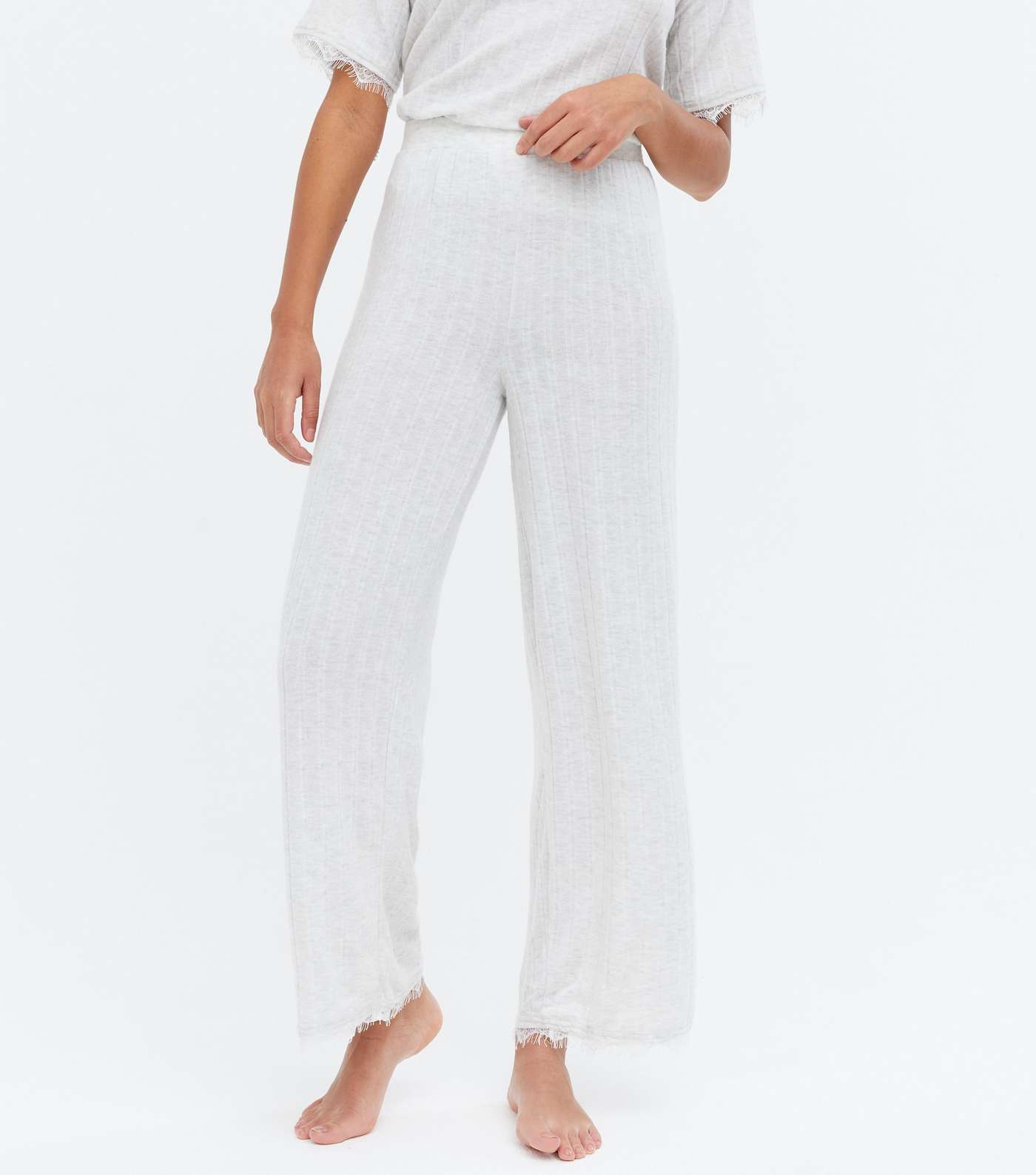 Pale Grey Ribbed Lace Hem Lounge Trousers Image 2