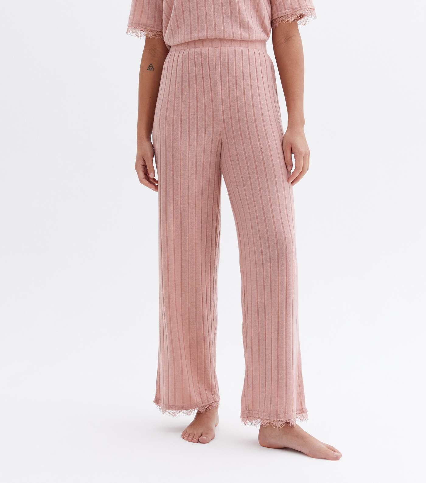 Mid Pink Ribbed Lace Hem Lounge Trousers Image 2